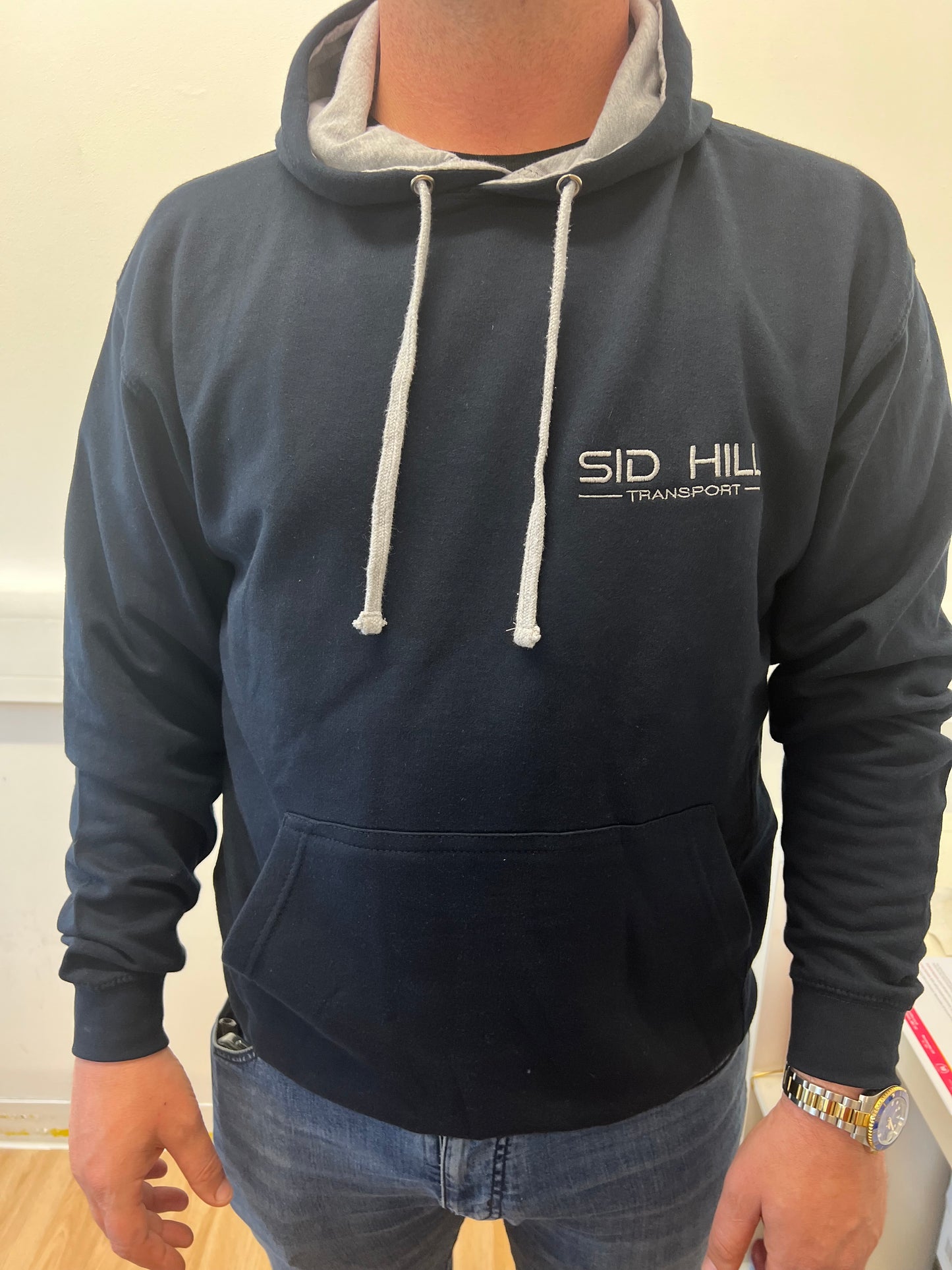 Sid Hill emblem premium hoodie in navy blue with grey insert hood