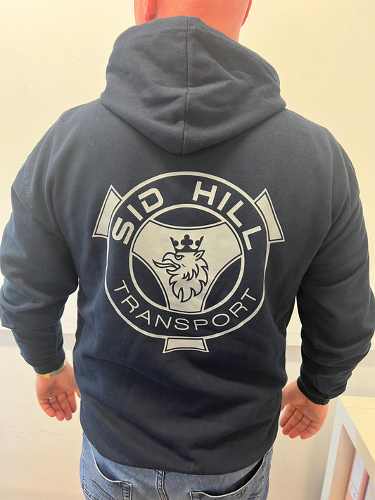 Sid Hill emblem premium hoodie in navy blue with grey insert hood